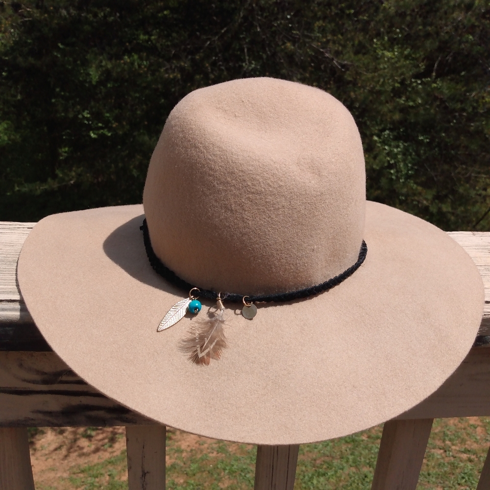 Magid Camel Feather Charm floppy hat